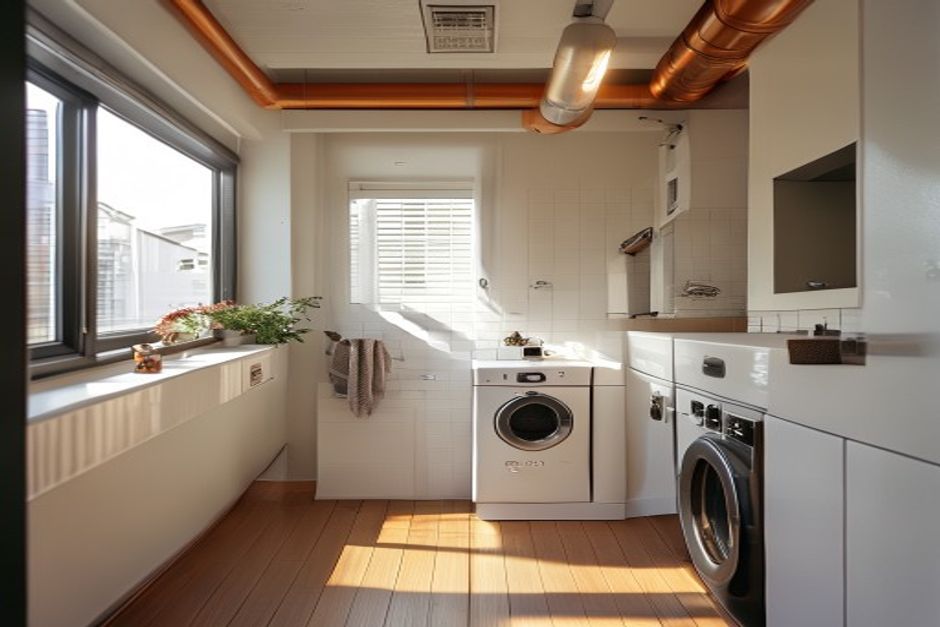 Modern utility room with copper gas pipes and tankless water heater