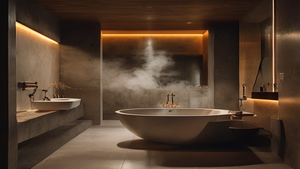 Premium modern bathroom with warm lighting and steam rising from a freestanding bathtub
