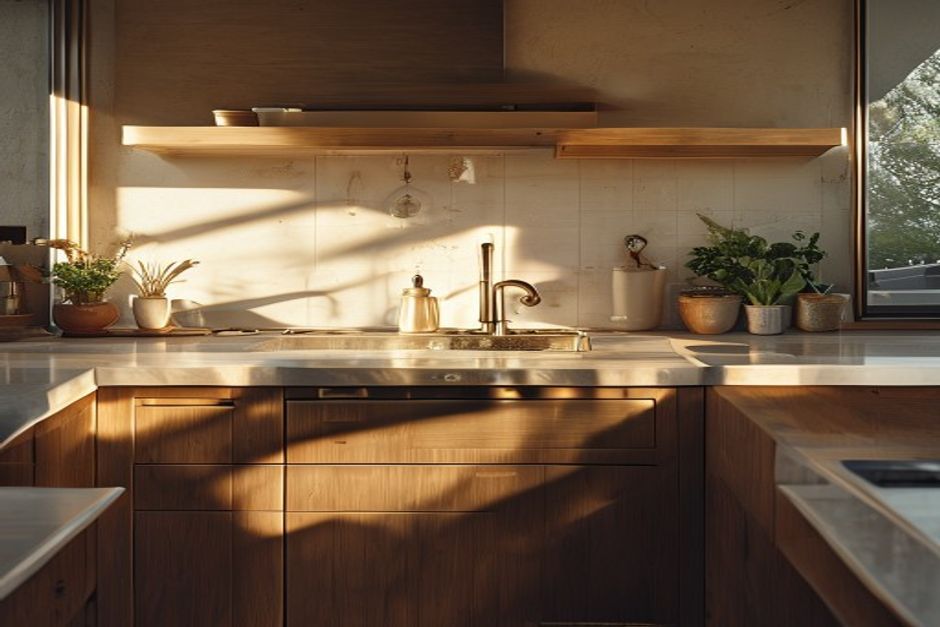 Modern Auckland kitchen with brass tapware in morning light