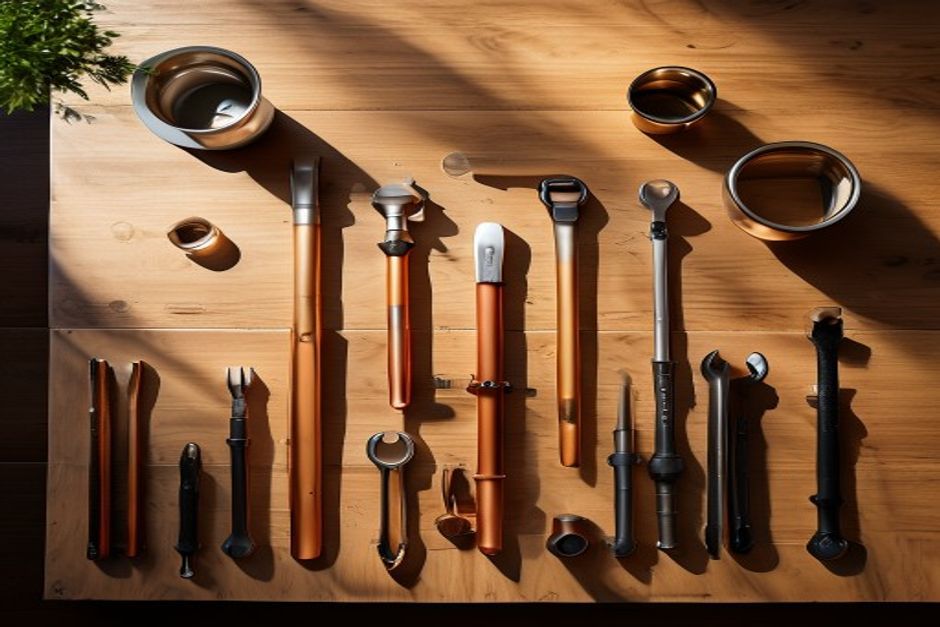 Professional plumbing tools and copper fittings arranged on a timber workbench